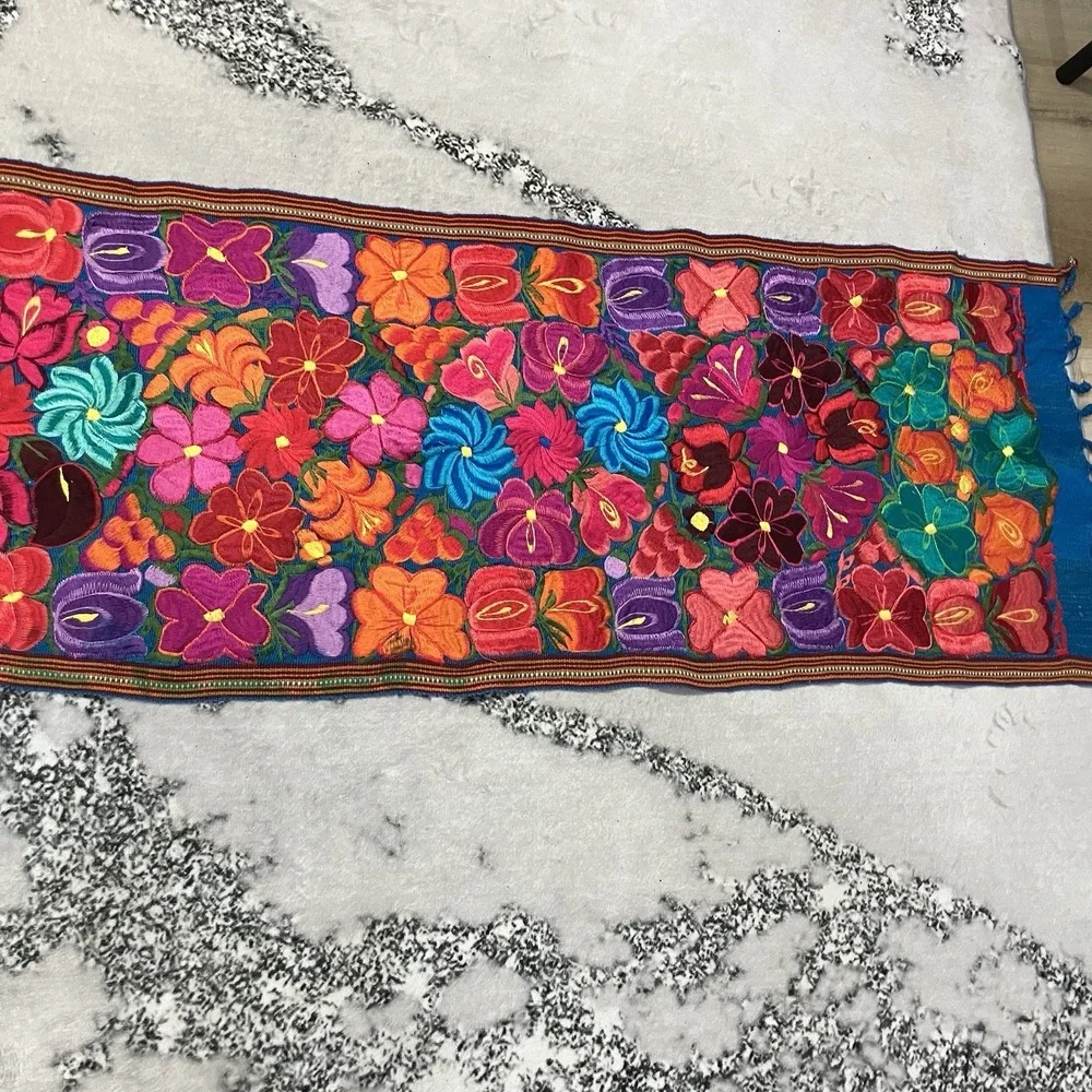 Vintage Embroidered Floral Table Runner Boho Guatemalan Style Textile 92 x 17